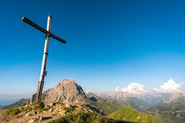 Fantastic sunset tour on the beautiful panoramic mountain Hoferspitze near Schrocken in the Allgau Alps, Kleinwalsertal