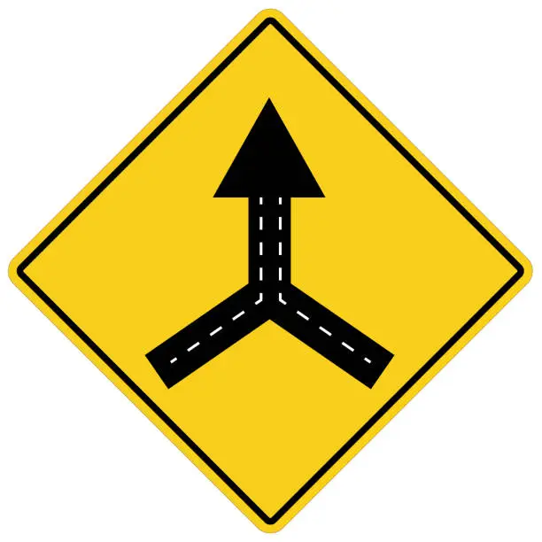 Vector illustration of warning sign two way road merge on white background. traffic sign. traffic sign lanes merging symbol. flat style.