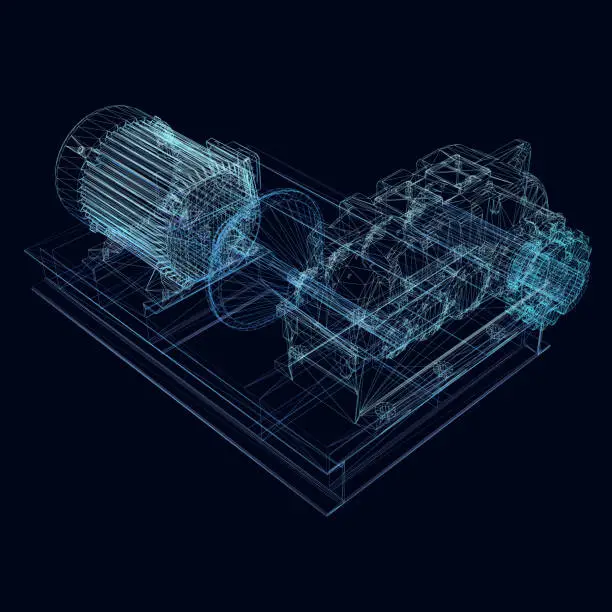 Vector illustration of Wireframe of an industrial electric motor made of blue lines on a dark background. 3D. Vector illustration