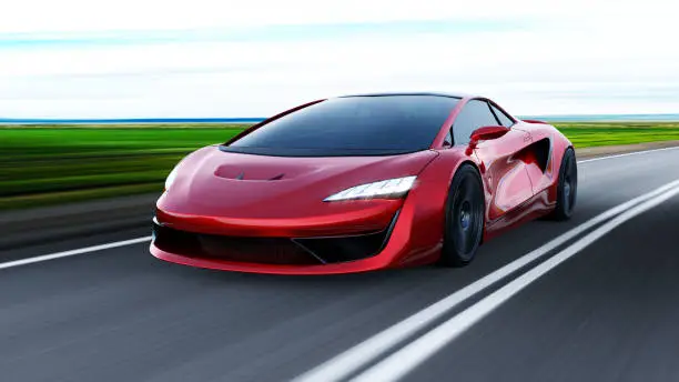 front view of fast moving generic red sportscar, motion blur,  3D, car of my own design.