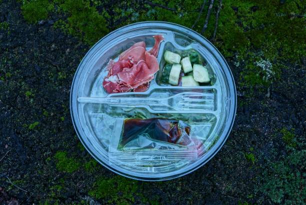 satz von lebensmittelsalat gurken und fleisch in einem weißen kunststoffgericht - cooking oil plastic oil fork stock-fotos und bilder