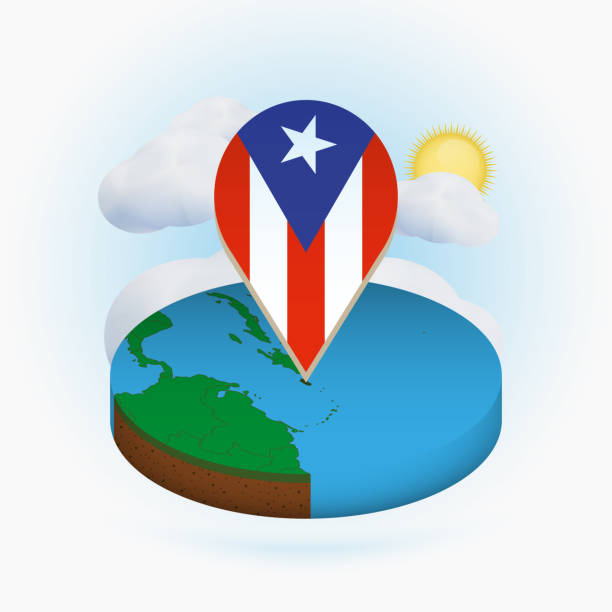 izometryczna okrągła mapa portoryko i znacznik punktowy z flagą portoryko. chmura i słońce na tle. - puerto rico map vector road stock illustrations