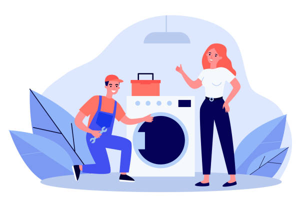 Handyman fixing washing machine Handyman fixing washing machine. Repairman in overall with tools and female client flat vector illustration. Home appliance maintenance concept for banner, website design or landing web page appliance repair stock illustrations