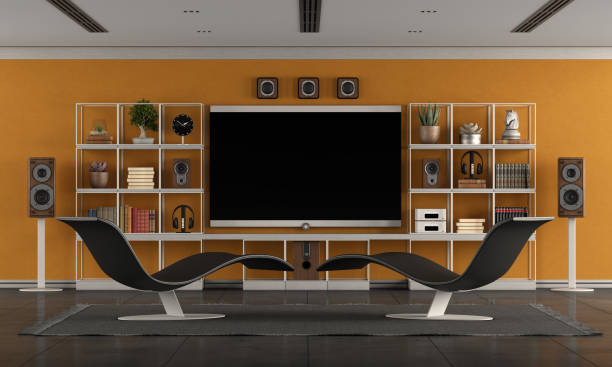 modern living room with home cinema system with large flat screen - flat screen audio imagens e fotografias de stock