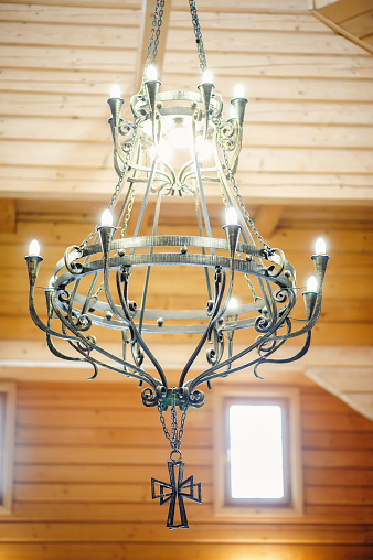 Rattan ceiling pendant lamp hangs on ceiling, home lighting and decoration.