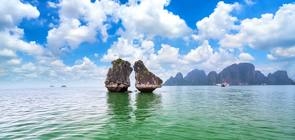 Dreamy scenic among the rocks of Halong Bay, Vietnam, This is the UNESCO World Heritage Site, it is a beautiful natural wonder in northern Vietnam