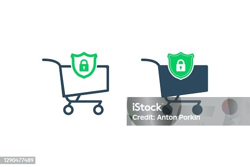istock Protection consumer icon. Secure purchase. Secure ecommerce for online shopping. Cart line and shield with lock icon. Vector 1290477489