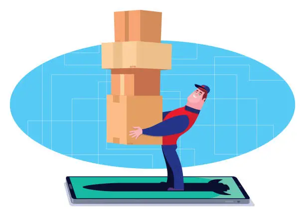 Vector illustration of courier holding stack of cartons with smartphone