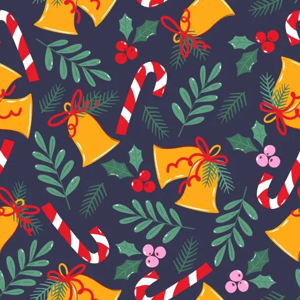 Vector illustration of Sreamless pattern for Christmas wrapping paper or textile. Repeat busy pattern design with bells, foliage, berries and candy canes on drak blue background