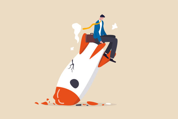 ilustrações de stock, clip art, desenhos animados e ícones de fail start up business, new business risk or unexpected entrepreneur bankruptcy concept, depressed businessman company owner sitting on crash launching space rocket metaphor of new business failure. - failure