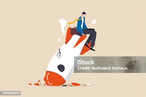 istock Fail start up business, new business risk or unexpected entrepreneur bankruptcy concept, depressed businessman company owner sitting on crash launching space rocket metaphor of new business failure. 1290480010