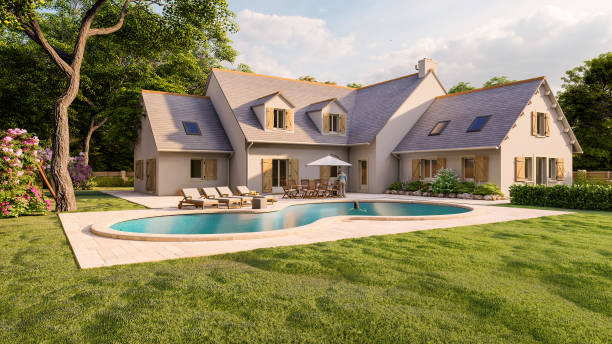 istock Classical pitched roof house with pool and garden 1290481415