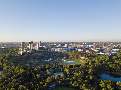 Sydney, Australia - December 6, 2020: Aerial view of Sydney Olympic Park in the morning.