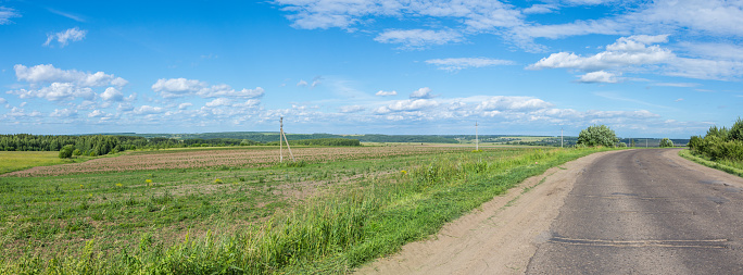 beautiful panoramic view of the Russian field with a picturesque landscape, photo was taken on a sunny summer day