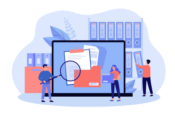 People taking documents from shelves People taking documents from shelves, using magnifying glass and searching files in electronic database. Vector illustration for archive, information storage concept electronics industry illustrations stock illustrations