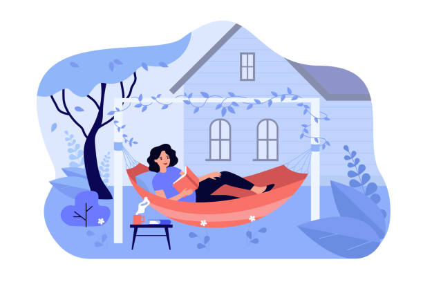 ilustrações de stock, clip art, desenhos animados e ícones de happy girl relaxing in backyard - hammock
