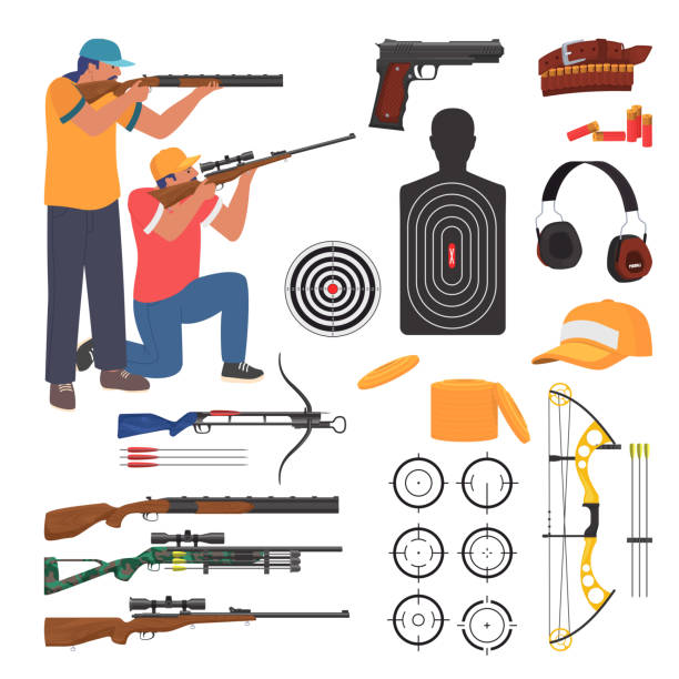 Shooting club and range weapons and accessories, flat vector isolated illustration. Shooting sport. Shooting club and range weapons and accessories, flat vector isolated illustration. Target, rifle, pistol, bullet, archery crossbow, earmuff, gun accessories such as sling, holster. Shooting sport. gun holster stock illustrations