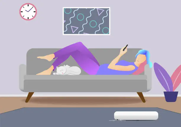 Vector illustration of A woman using a robot vacuum cleaner application on her smartphone