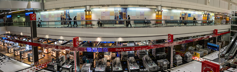 Panoramic view of the Empty Duty Free Area at Dubai International Airport caused by Covid-19