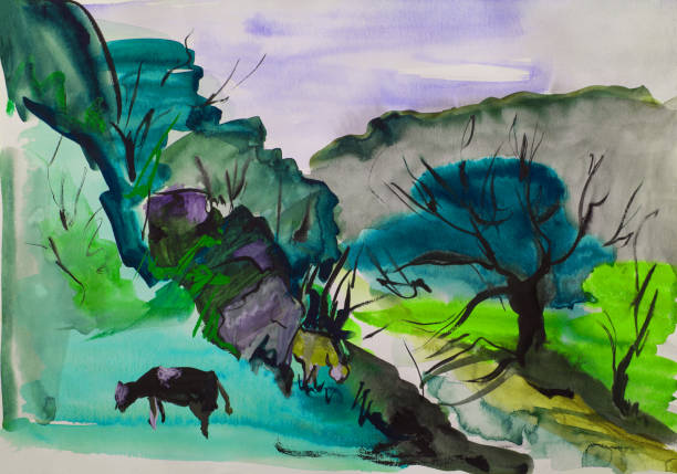 istock Illustration painting with watercolor landscape in retro style mountain slopes with  grass and trees pastures grazing cows against a morning sky 1290486572
