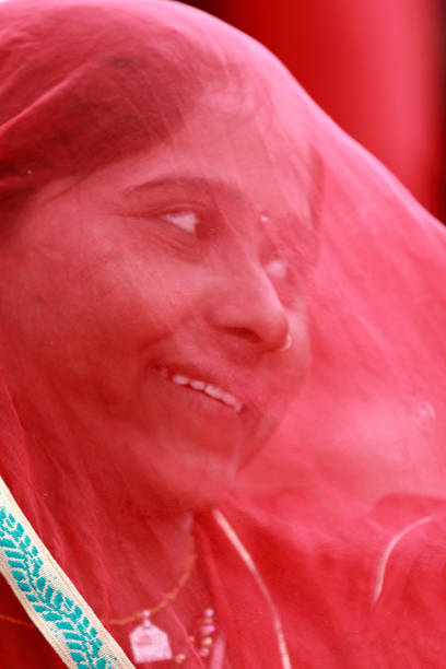 Jaisalmer, India - February 02,2015:Unidentified Rajasthani woman with her face covered with a veil in the Desert festival held on February 02, 2015 in Jaisalmer, Rajasthan, India.