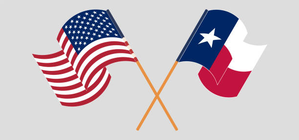 ilustraciones, imágenes clip art, dibujos animados e iconos de stock de banderas cruzadas y ondeando de los ee.uu. y el estado de texas - flagged