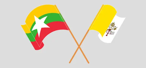 Vector illustration of Crossed and waving flags of Vatican and Myanmar