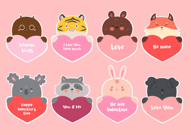 ilustrações de stock, clip art, desenhos animados e ícones de set of stickers for valentine s day with animals and hearts. vector graphics. - koala animal love cute