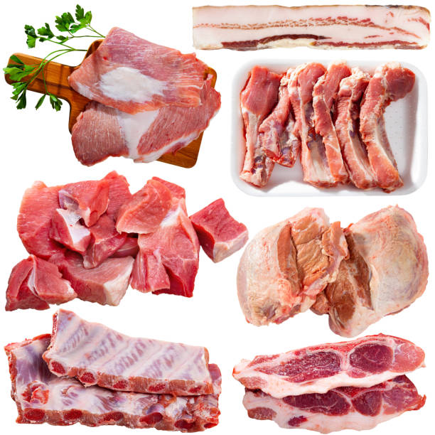 istock Collection of raw pork meat isolated on white 1290488379