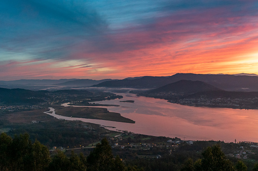 A panorama of the Minho River and Estuary seen from Monte Santa Trega at sunrise