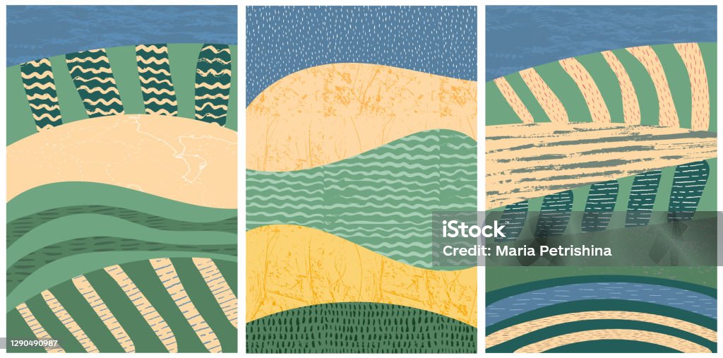 抽象的な風景ベクトルの背景イラストのセット。カラフルな質感を持つ田舎。装飾エコカードのバンドル。自然、エコロジー、オーガニック、環境バナー - 模様のロイヤリティフリーベクトルアート