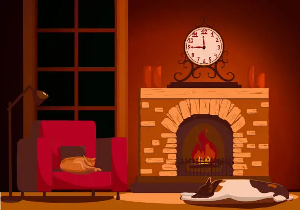 Vector illustration of Home interior with fireplace and armchair. A dog sleeps next to the fireplace. The cat is sleeping on the chair