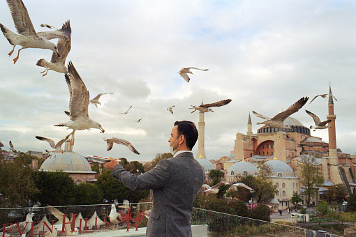 Istanbul, Turkey - 20 November 2020: Waiter feeding seagulls on the roof os restaurant in the background of Hagia Sophia
