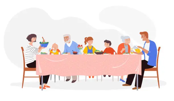 Vector illustration of Festive dinner family scene. Children, parents and grandparents sitting at a dinner table, eating together.