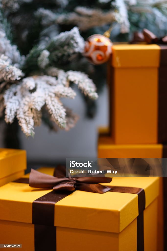 Box Below Gift Box Below Christmas Tree Soft Focus Stock Photo - Download Image ...