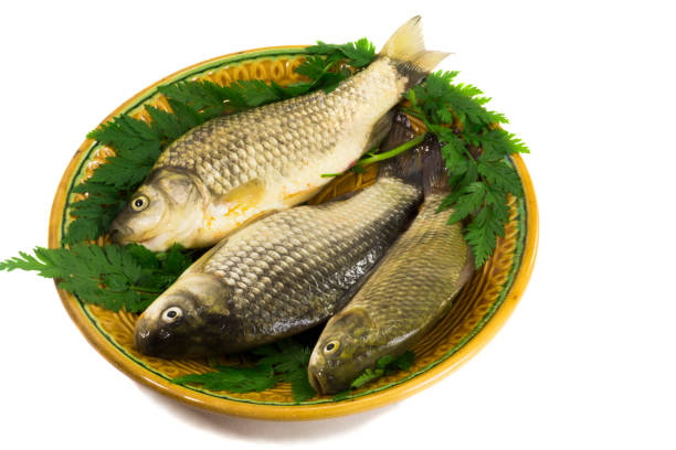 istock River fish (carp) and the greens on a round dish. 1290495330