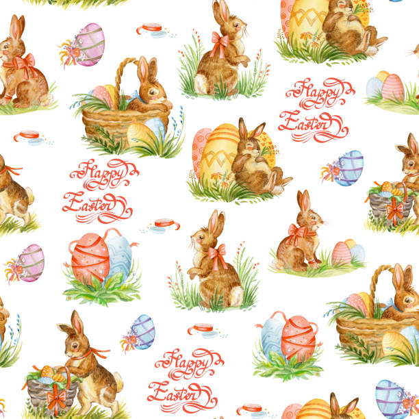 Seamless pattern with easter rabbits Colorful seamless pattern with spring easter concept. Easter watercolor pattern with easter rabbits and eggs isolated on white background. Srock illustration easter drawings stock illustrations