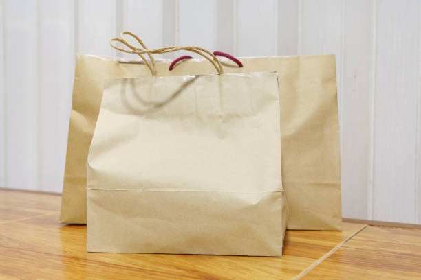 Two sizes of paper shopping bags are placed on the floor.
