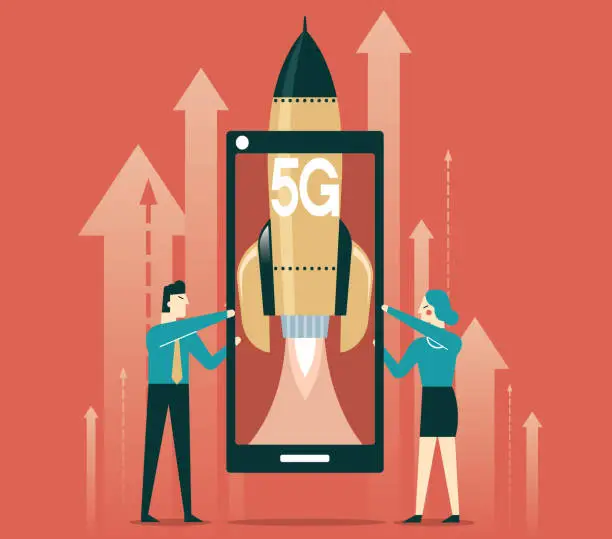 Vector illustration of 5G - Smartphone with rocket