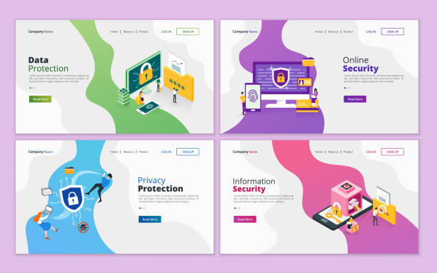 Set of web page design template for data protection, online security, privacy and personal information security Illustration for website and mobile website development antivirus software stock illustrations