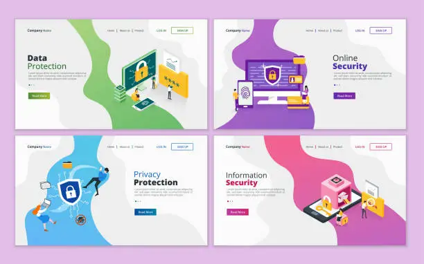 Vector illustration of Set of web page design template for data protection, online security, privacy and personal information security