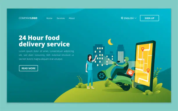Vector illustration of Landing page template of 24 hour online food delivery service. Fast food shipping concept