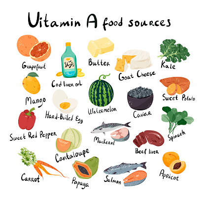 Vitamin A, retinol food sources cartoon illustration.