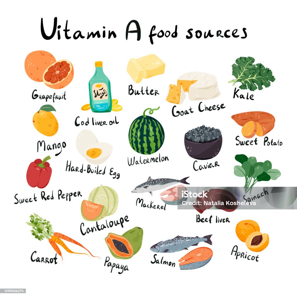 Vitamin A Retinol Food Sources Cartoon Illustration Stock Illustration -  Download Image Now - iStock