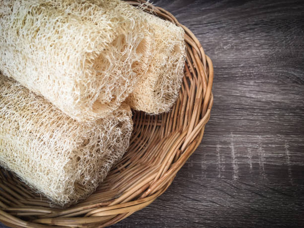 luffah loofah in rattan tray