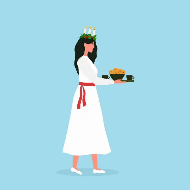 Vector illustration of Saint Lucia day. Beautiful girl with swedish traditional saffron buns and coffee. Scandinavian Christmas. Vector