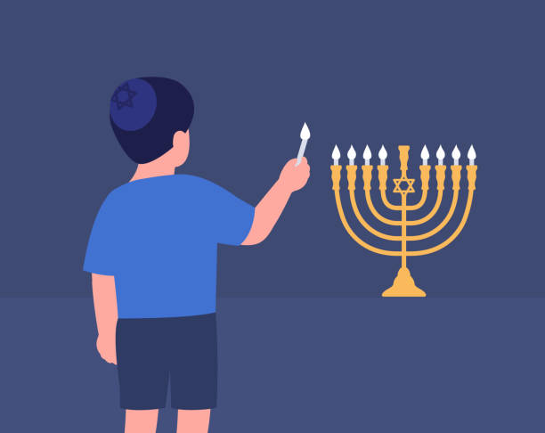 Little Boy Lighting Menorah. Hanukkah traditions. Vector Little Boy Lighting Menorah. Hanukkah traditions. Vector illustration hanukkah candles stock illustrations