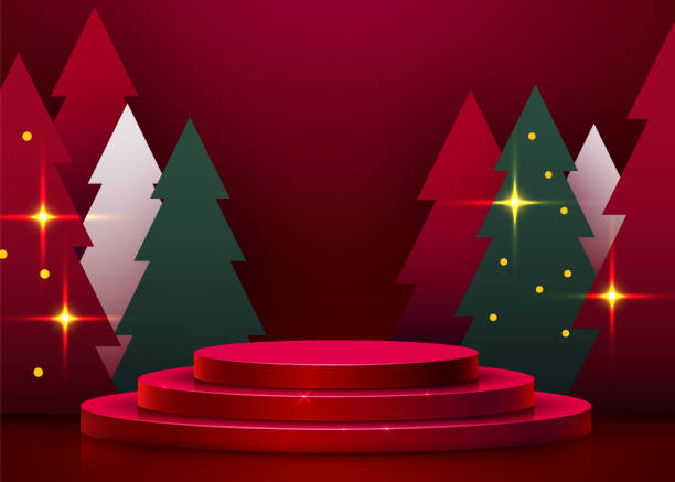 istock Mock up scene. Podium shape for show cosmetic product display. stage pedestal or platform. Winter Christmas red background with tree xmas. 1290515761