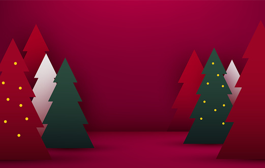 Mock up scene. Podium shape for show cosmetic product display. stage pedestal or platform. Winter Christmas red background with tree xmas. Vector illustration