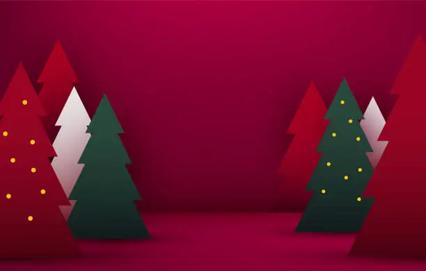 Vector illustration of Mock up scene. Podium shape for show cosmetic product display. stage pedestal or platform. Winter Christmas red background with tree xmas.